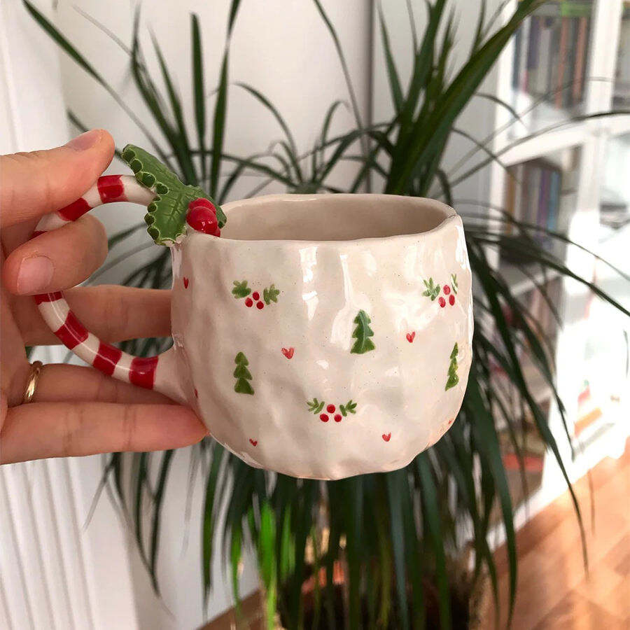 Penyesuaian Ins Hiburan Porcelain Imut Cawan Kopi Penyesuaian Logo Pencetakan Hadiah Merah Jambul Seramik Krismas Cawan