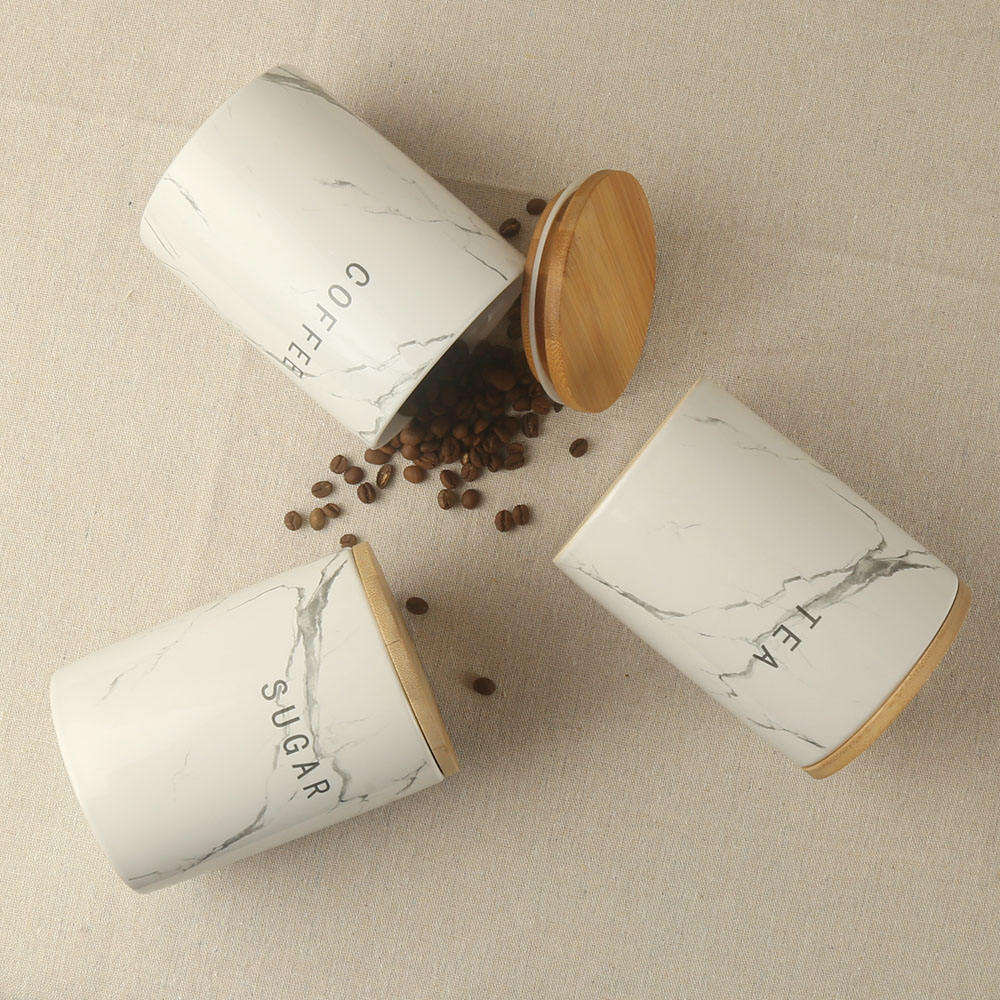 Gray Marble Decal Custom Design Ceramic Coffee Tea Sugar Canister Jar with Bamboo Lid and Silicone Ring Set