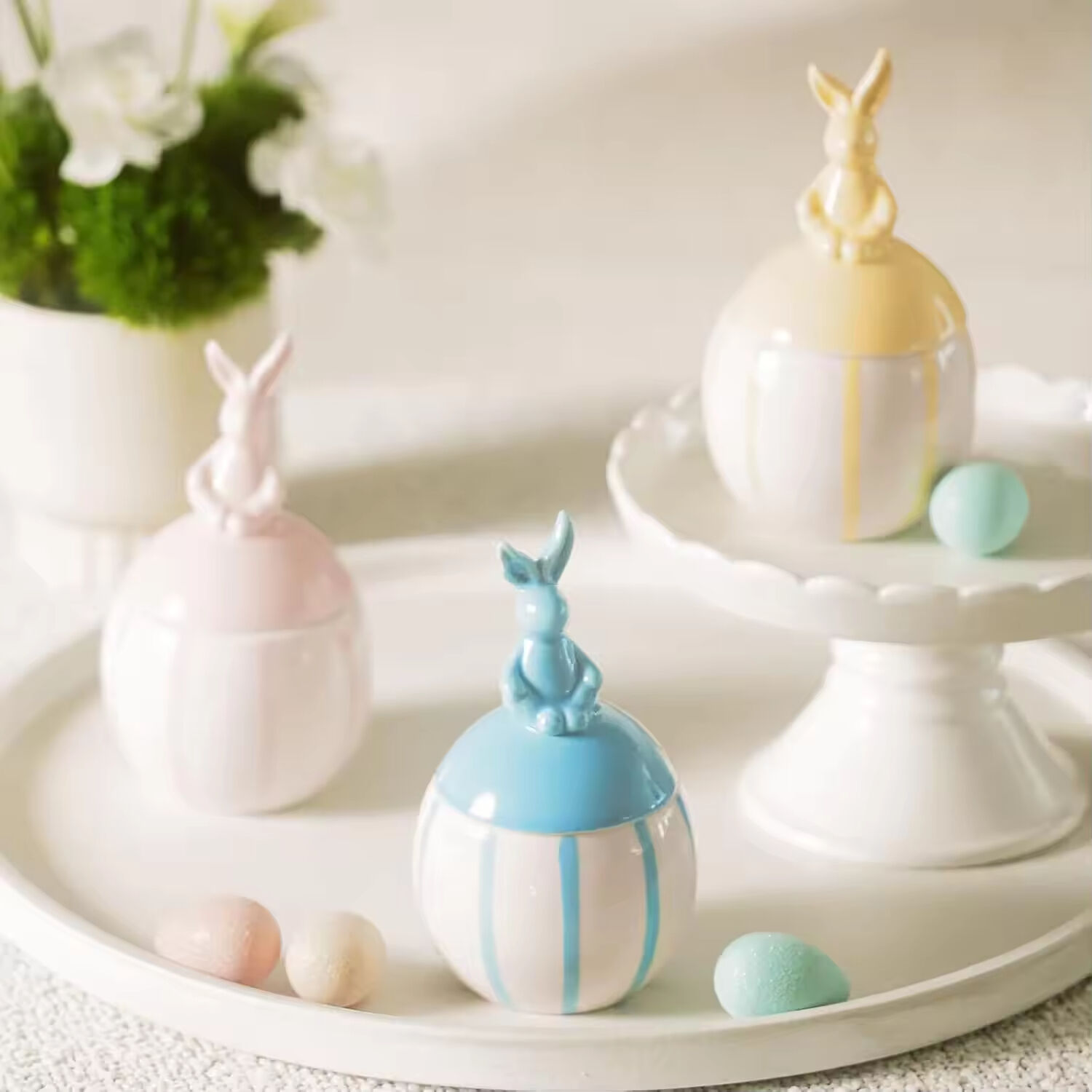 Ceramic Easter Bunny Candle with Egg Jar and Lid for Spring Home Decor Decorative House