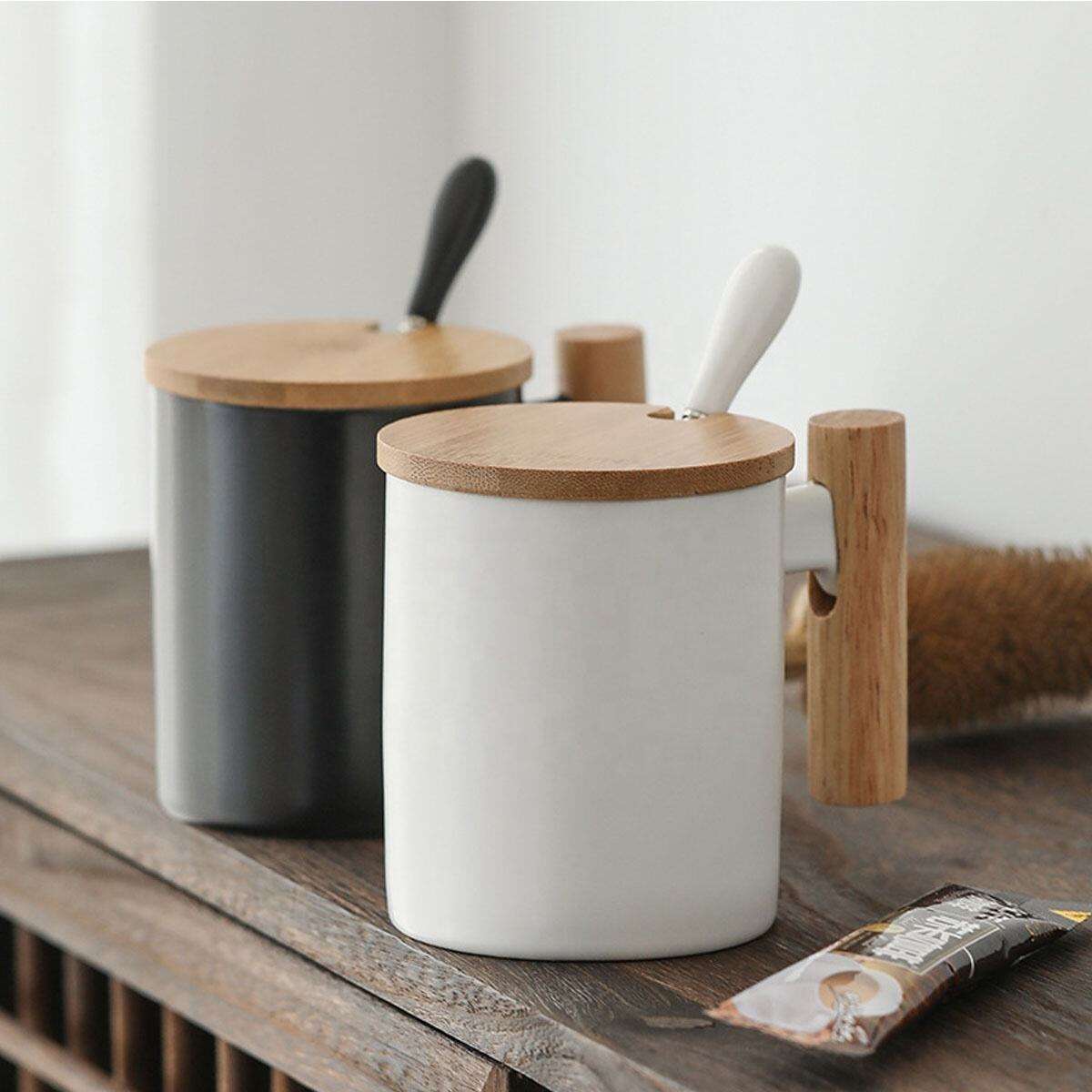 Set regalo di tazza in ceramica con manico in legno, semplice amante dell'acqua, tazza creativa con coperchio per latte e tè