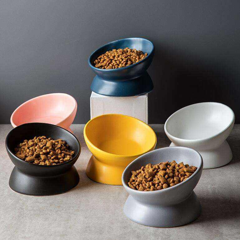 New Design Multi Color High Foot Cat Bowl Protect Cervical Spine Oblique Mouth Pet Ceramic Bowl