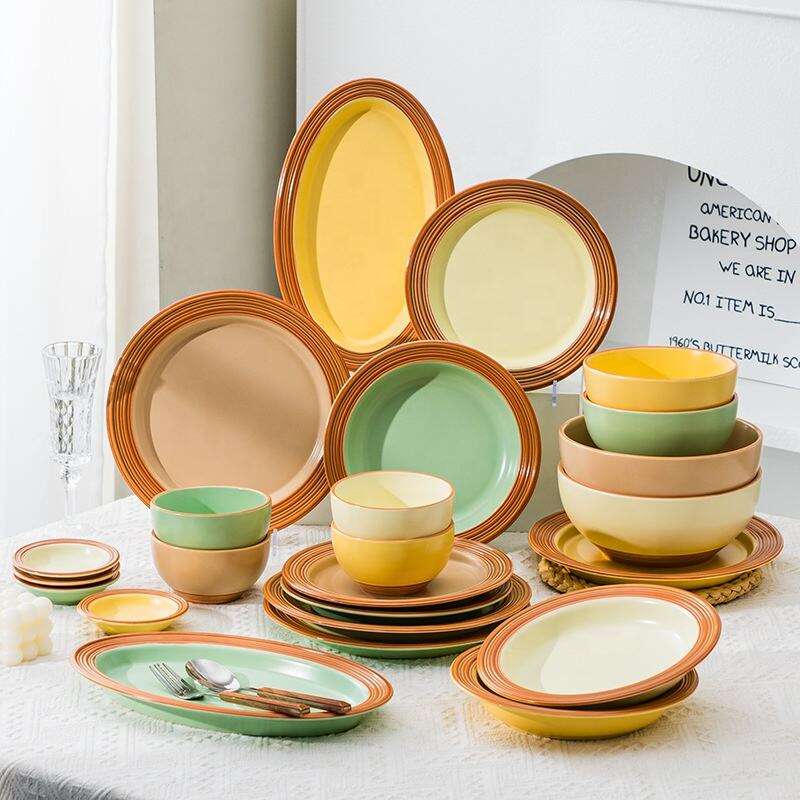 Set di Stoviglie Ceramiche con Superficie Matta Ecologico per Uso Domestico quotidiano Piatti e Ciotole in Porcellana con Smalto Colorato