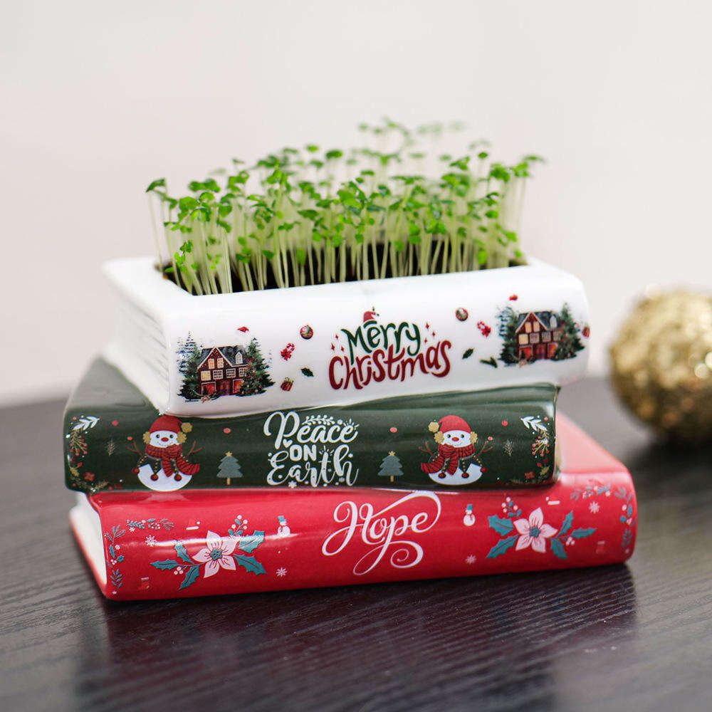手作り モダンクリスマス セラミック花瓶 印刷パターン ホームユース用 書籍用 花ポット リビングルームデコレーション 人工サボテン付き