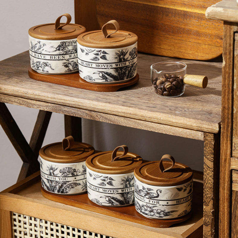 Vintage Design Round Shape Ceramic Tea Coffee Storage Jar With Wooden Bamboo Lid Custom Retro Pattern Kitchen Organizer