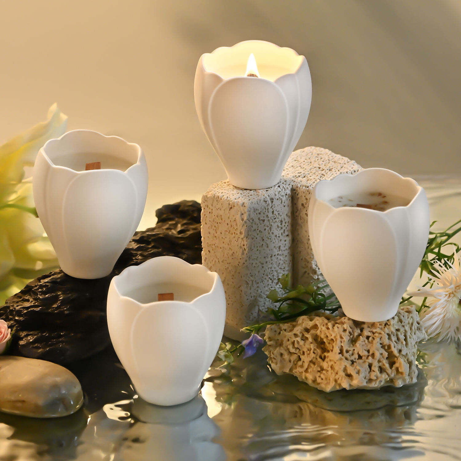 Contenidor de Cera Luxós Ceràmic a Granel de Forma de Flor, Vessel Cilíndric per a Decoració del Llar per a Nadal i Cera Perfumada