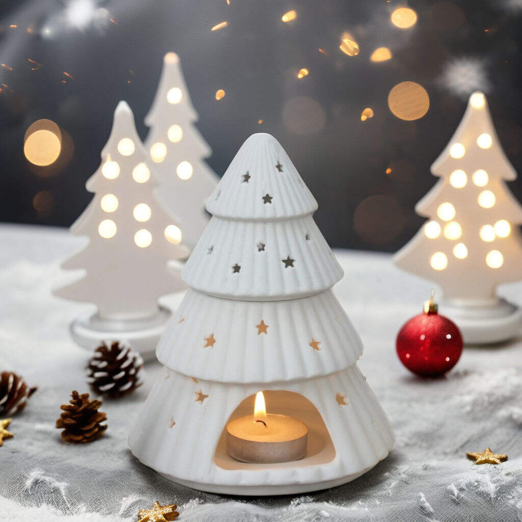 Quemador de Velas de Té en Forma de Árbol de Navidad Cerámico, Lámpara de Fragancia, Calentador de Cera en Blanco Cerámico
