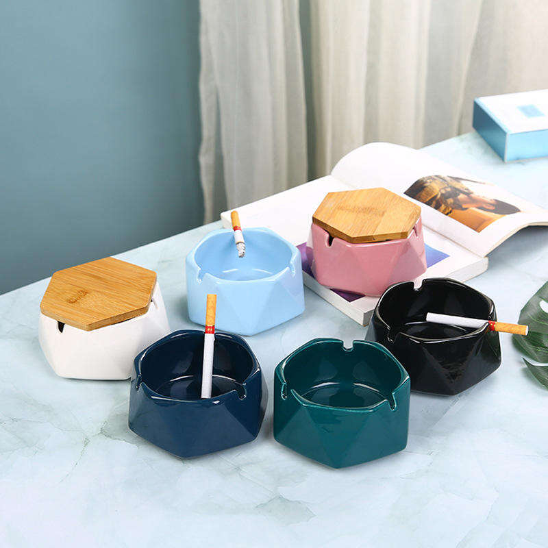 Custom Logo Fashion Home Hotel Table Reusable Polygonal Cigar Cigarette Ceramic Ashtray With Bamboo Lid