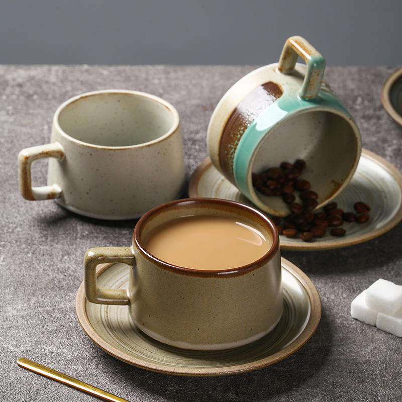 Penjualan Panas Rustic Pottery Mangkuk Keramik Gelas Kopi dengan Nampan Praktis Gelas Kosong dan Cangkir Teh untuk Penggunaan Sehari-hari