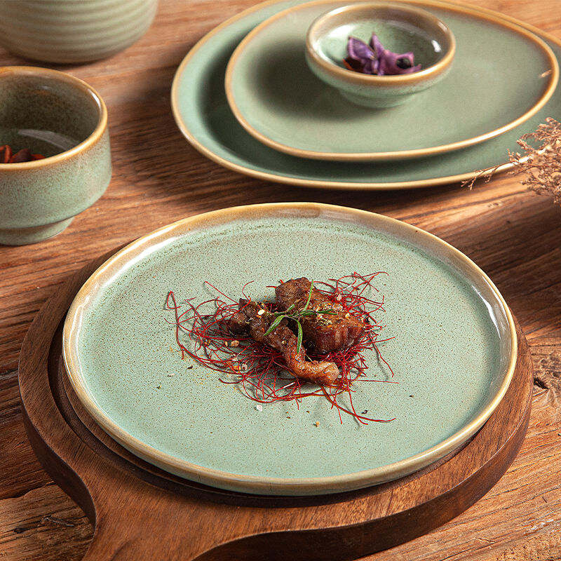 Etichetta di Fabbrica Personalizzata Irregolare Piatto Ceramico Verde per Ristoranti, Stoviglie da Cena Colorate in Porcellana