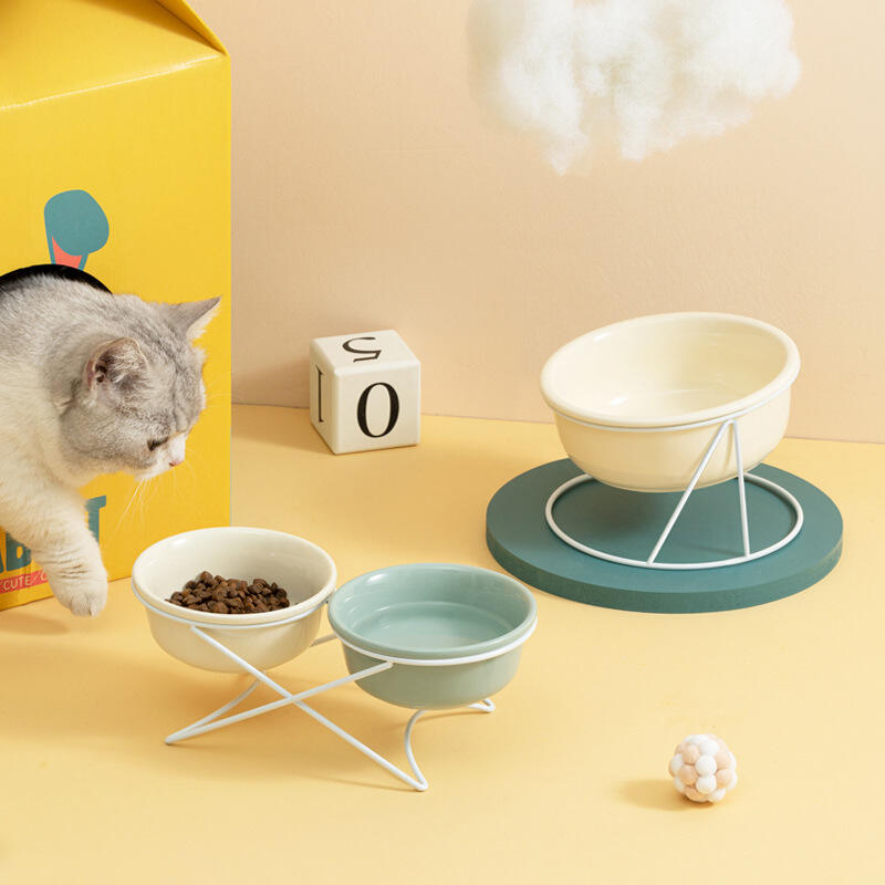 Pet bowl dog bowl cat Pet Ceramic Bowl Green White Ceramic Cat Bowl With Stand 