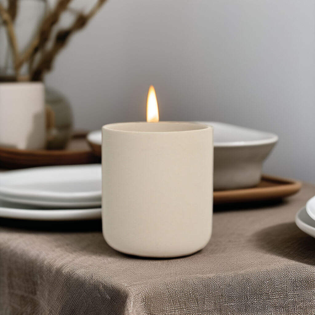 Vaso per Candele Ceramico Beige Moderno Stile Nordico a Cilindro Artigianale con Coperchio per Decorazione Domestica Natale