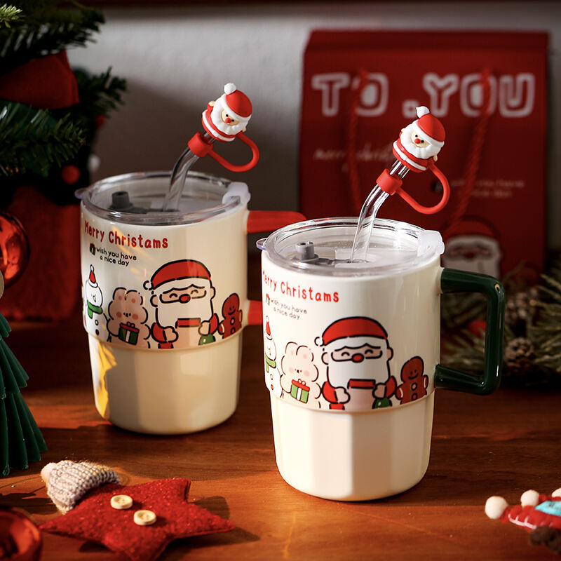 Christmas Gift Mug with Lid Straw Ceramic Mug High-value Practical Birthday Gift Christmas Ambience Gift