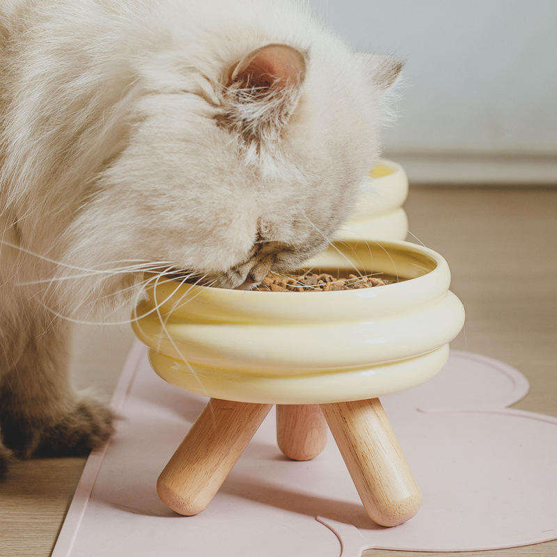 Ceramic Dog Cat Bowl Food Water Raised Bowl Elevated Wood Bamboo Ceramic Cat Bowl With Wooden Stand