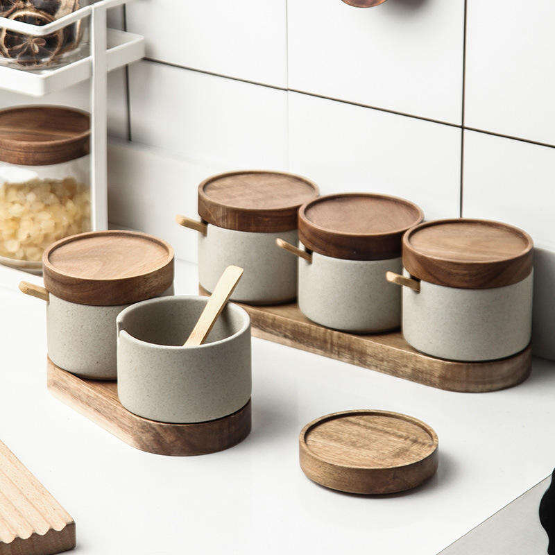 Japanese Style Pottery Kitchen Spice Jars Set Salt Seasoning Bottle Ceramic Pepper Sugar Storage Bowl With Wood Lid and Tray