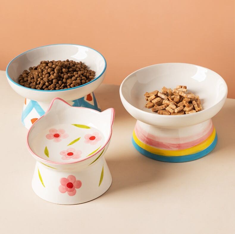 2025 Ceramic Stand High Diagonal Rainbow Cat Dog Food Water Bowl with Anti-Rollover Neck Protection Anti Slip Pet Bowls Feeders