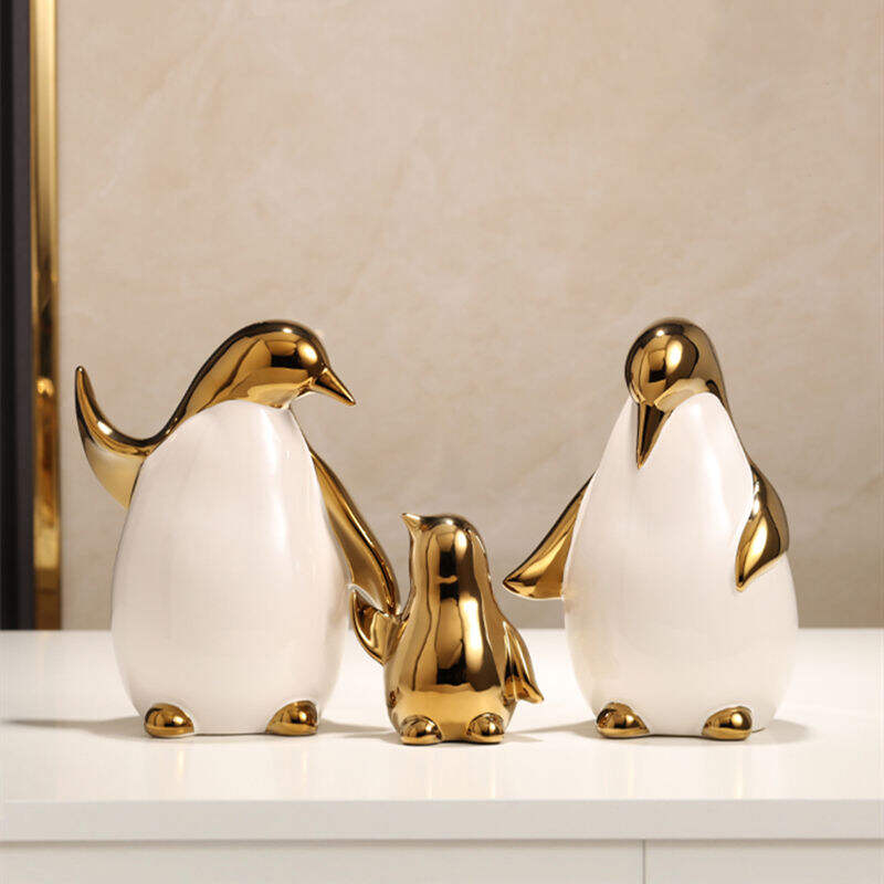 Ceramic Ornament Gold Penguin Living Room Gift Accessory Table Decor Kid Creative Penguin Family Luxury Decor Products for Gift