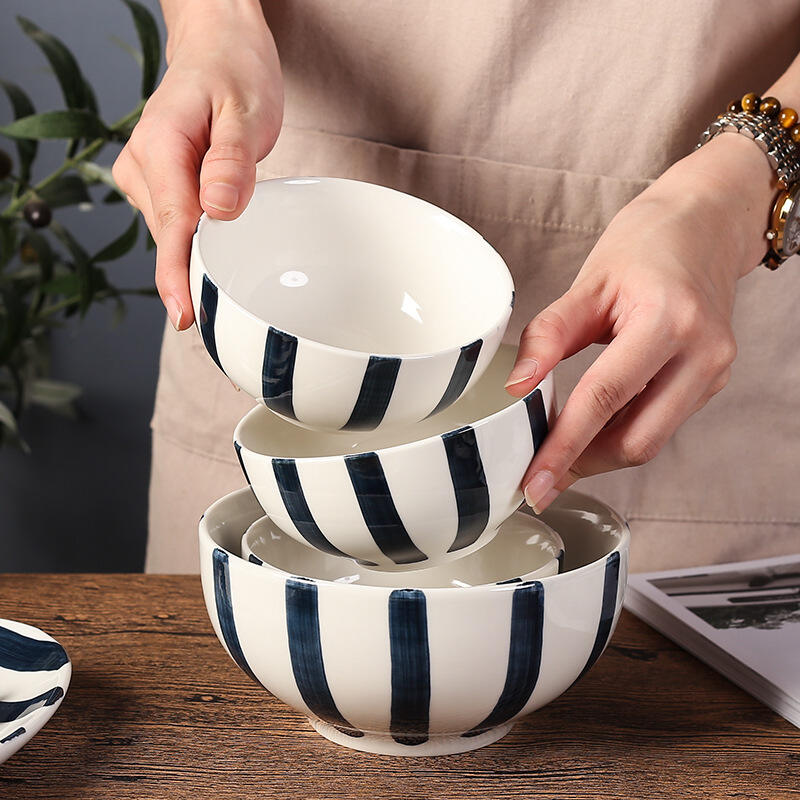Nordic Black White Stripe Color Glazed Porcelain Round Bowls Soup Noodles Ceramic Bowl for Ramen