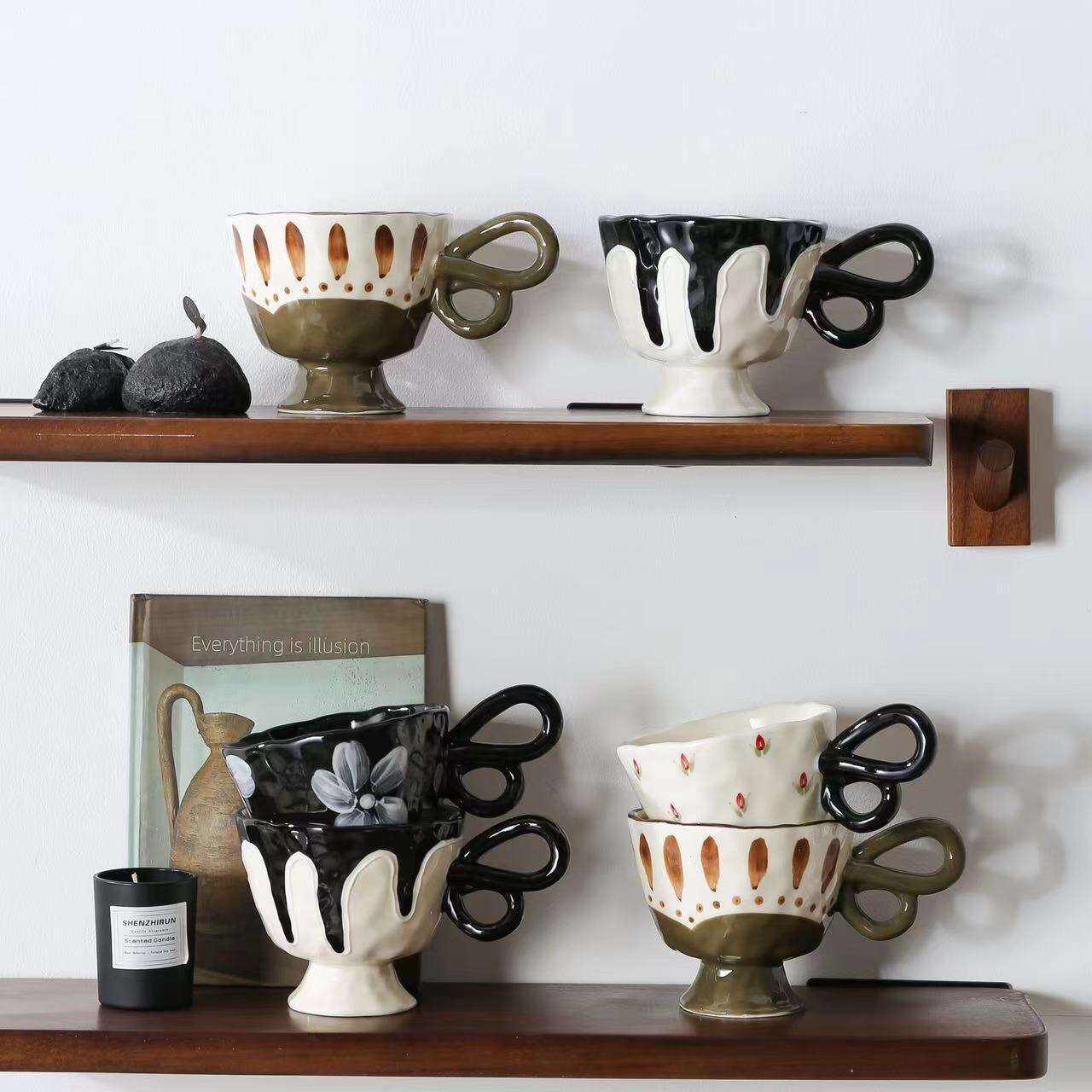 Wholesale Exquisite Handmade Ceramic Coffee Mugs Unique Custom Gift Set with Novelty Design Fancy Flower Pattern for Giveaways