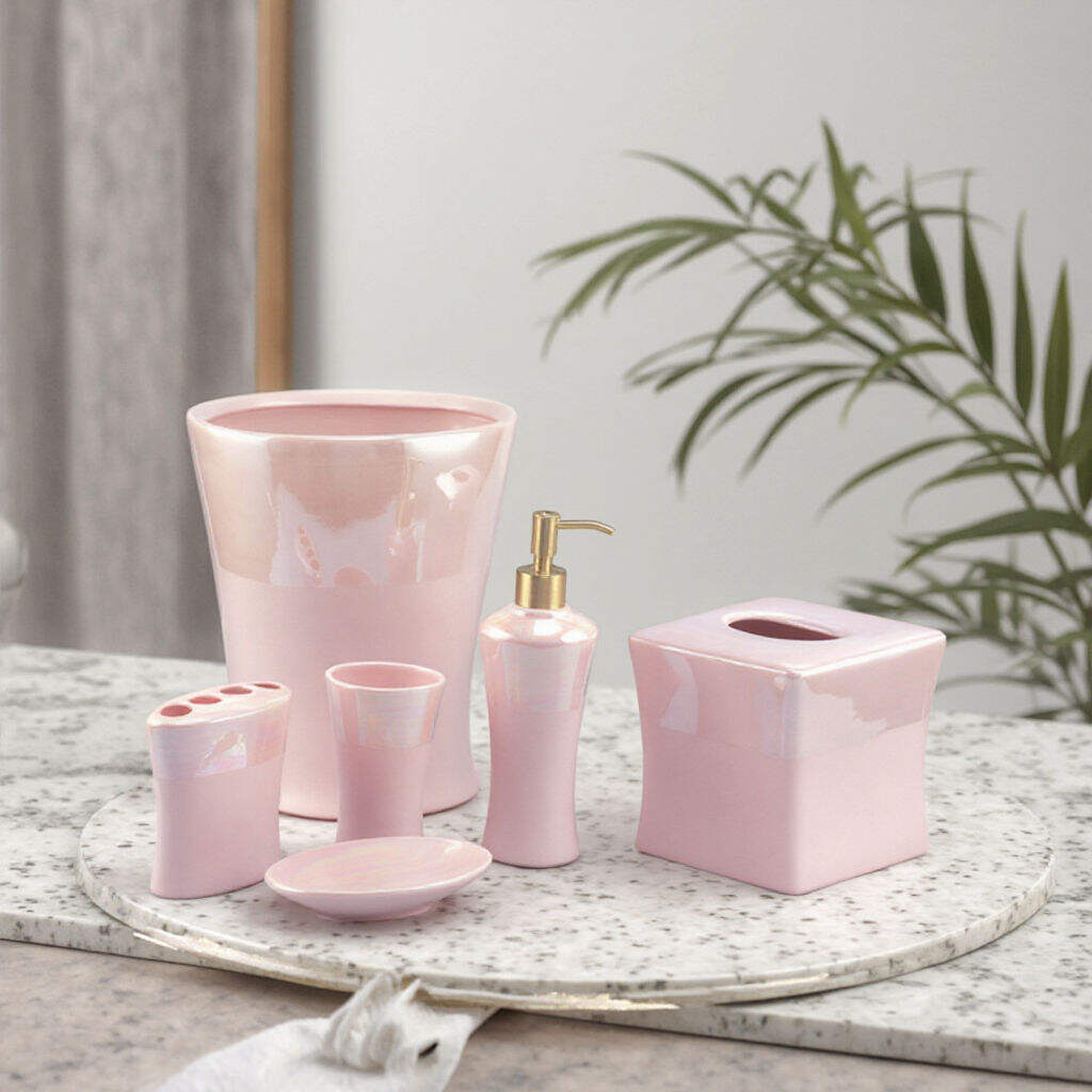 Modernes Minimalistisches Hotel Rosa Porzellan Badezimmer-Artikel-Set Design Porzellan Wohnaccessoires Keramik Badezimmer-Set