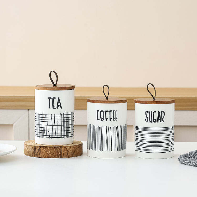 Nou Lansat La Magazin Luxuriu Ușor Stocare Măruntaie Bucătărie Cafea Ceai Zahăr Container Cu Acoperământ Din Bambus Ceramic Sigilat