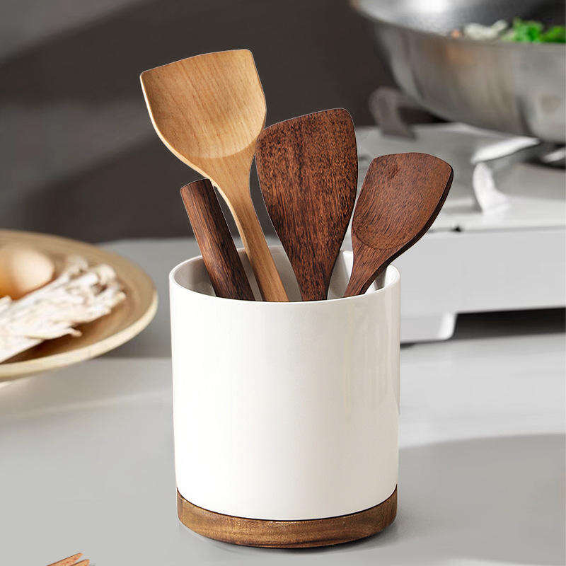 Rotating Kitchen Utensil Holder Ceramic Cooking Utensil Holder Kitchen Counter with Rotatable and Detachable Wooden Base