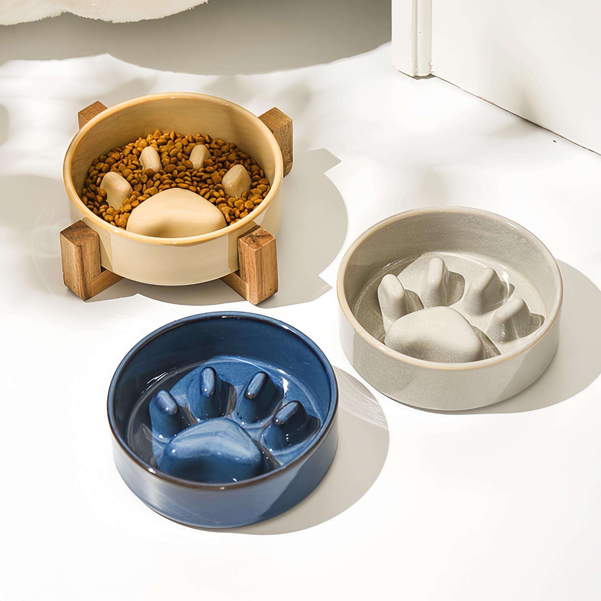 New Slow Food Bowl Elevated Ceramic Food Bowl for Dogs Cats Slow Feeding Bowl Anti Knock Anti Choke Feeder with Wooden Frame
