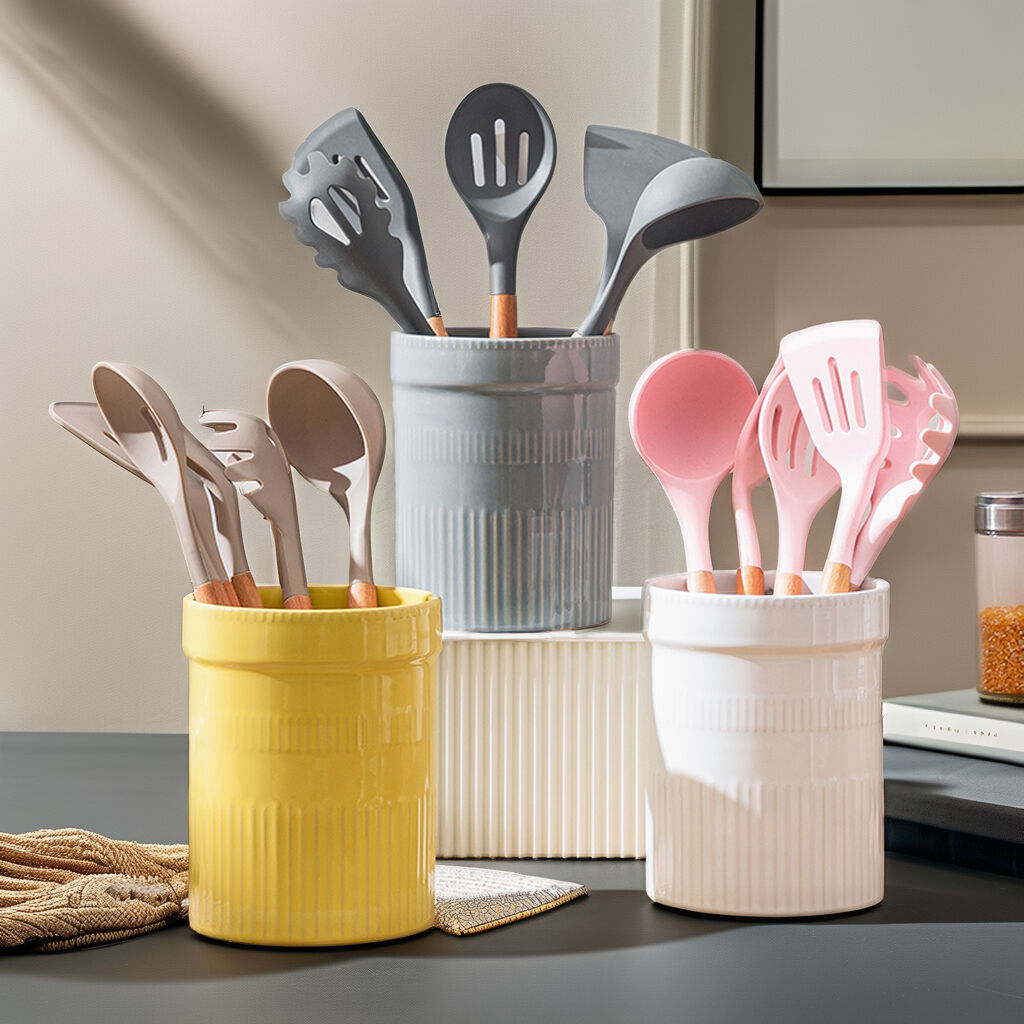 Large Kitchen Holder Gray White Yellow Ceramic Cooking Utensil Holder Strong and Rust-proof