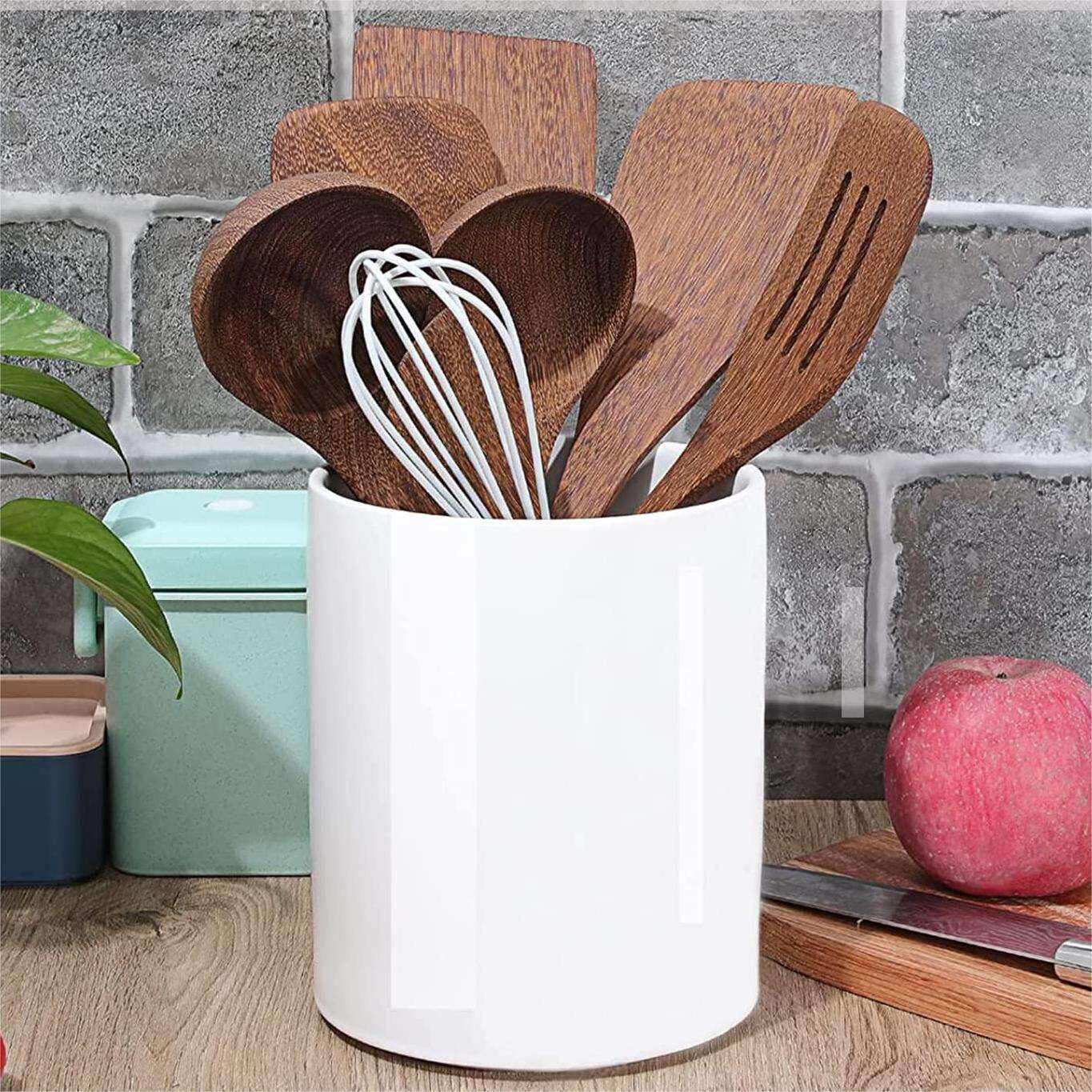 Large Ceramic Matte White Utensil Holder 6.8inch Minimalist Kitchen Decor Cooking Utensil Crock for Spoon Spatula