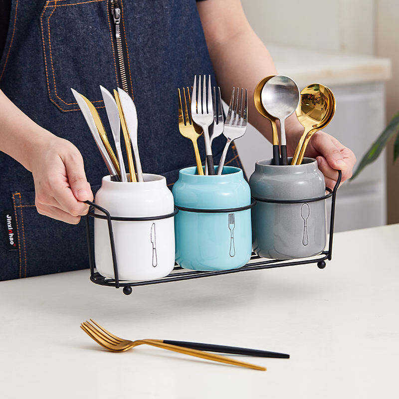 Modern Durable Ceramic Cutlery Caddy with Metal Rack Flatware Organizer Cups for Kitchen Storage Folding Design Sink Compatible