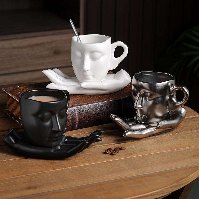 Gift Strange Mug Silver Nordic Style Ceramic Human Hand Face Design Coffee Cups Saucer