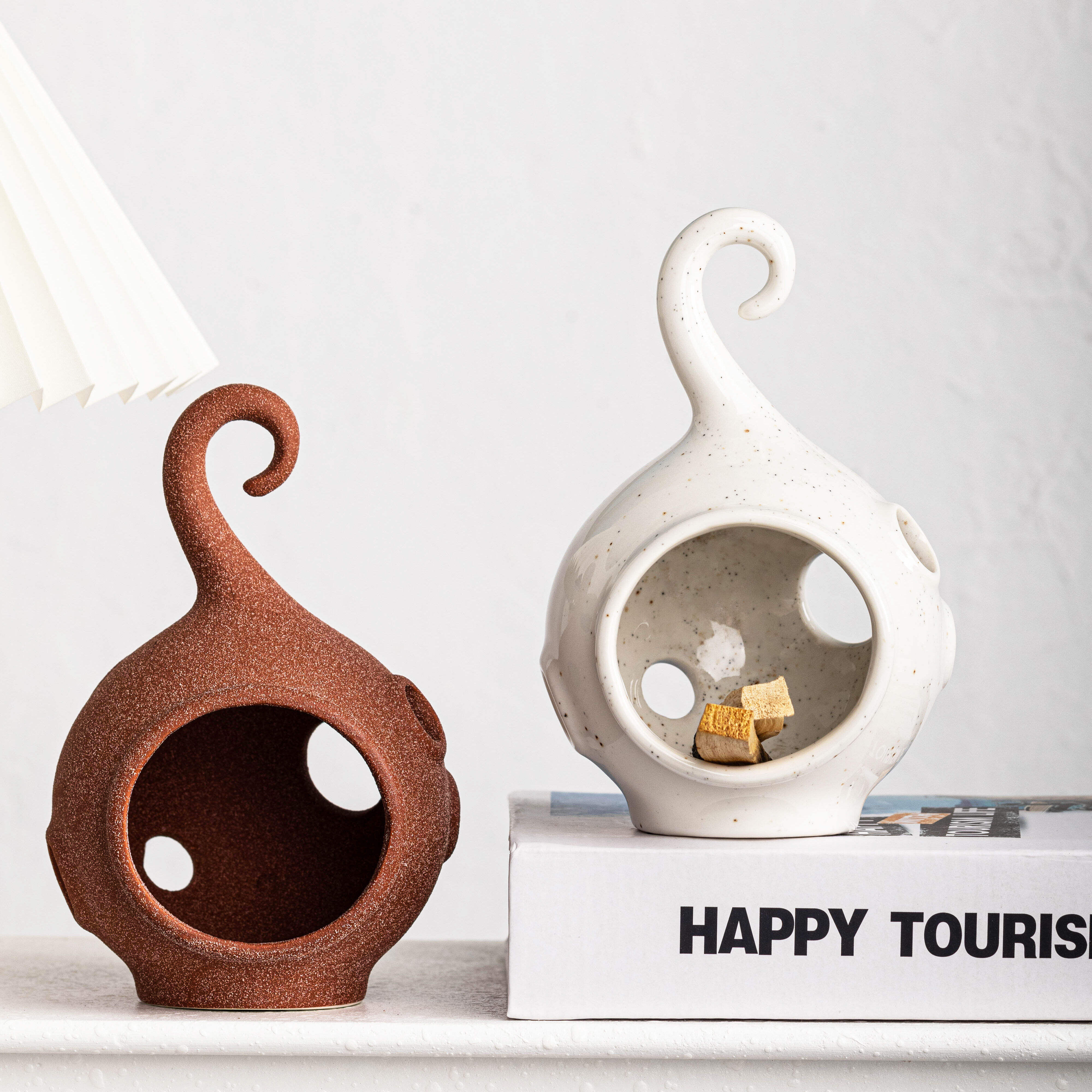 Handmade Ceramic Holder for Meditation Terracotta & White Incense Burner,Yoga Spiritual Decor