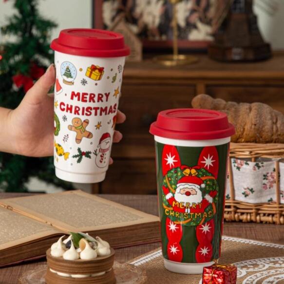 Christmas Ceramic Handy Mug High-colour Handy Mug with Lid Large-capacity Couple Water Mug Companion Gift Birthday Gift