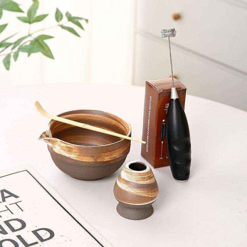 Rough Ceramic Matcha Bowl with Spout Matcha Tool Brush Dot Tea Bowl Matcha Cup Stirrer Tea Brush Utensils Set