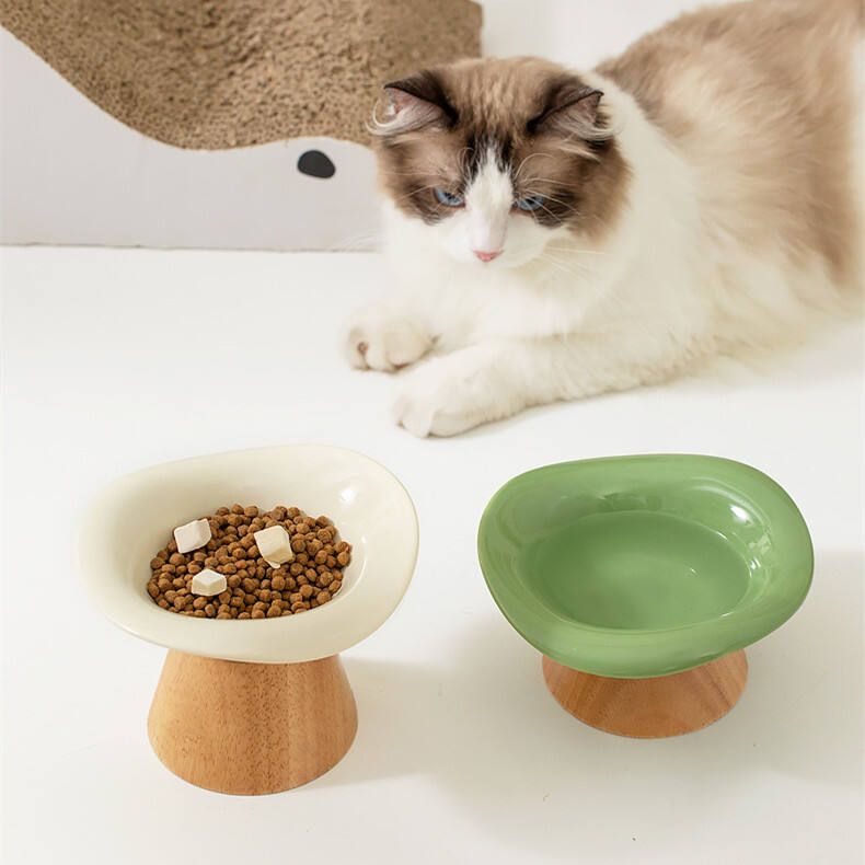 2025 New Custom Raised Anti Choking Dog Cat Ceramic Pet Food Bowl Elevate with Wooden Stand