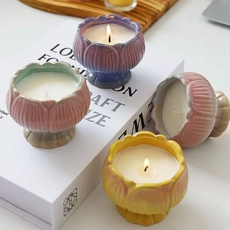 Custom Unique Creative Lotus Shape Ceramic Candle Jar Candle Container Home Decoration Soy Wax Scented Candle