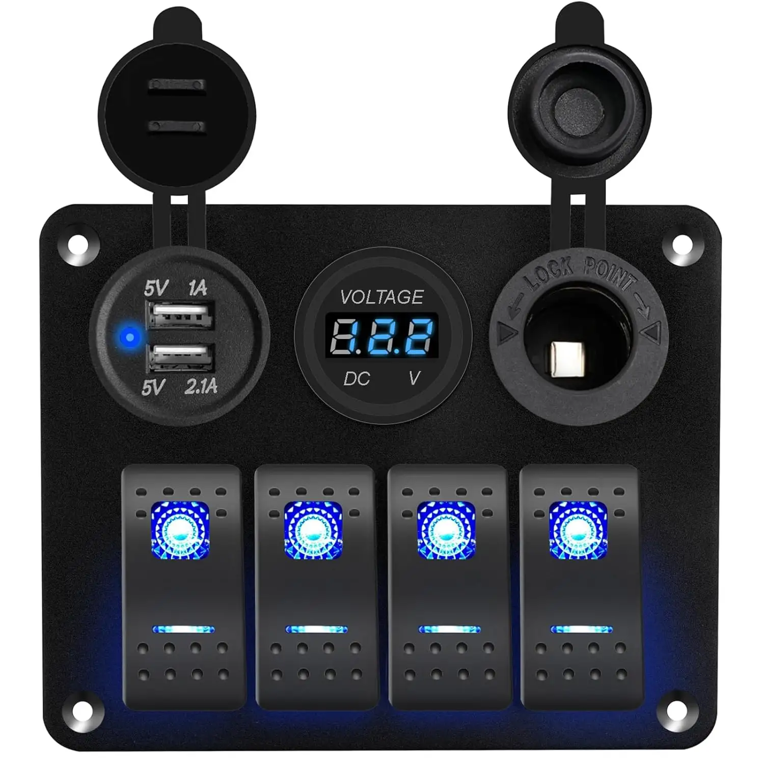 4 Gang Waterproof LED Voltmeter Marine Boat Rocker Switch Aluminum Panel 12V Digital Display Blue Lamp Color On-Off Function