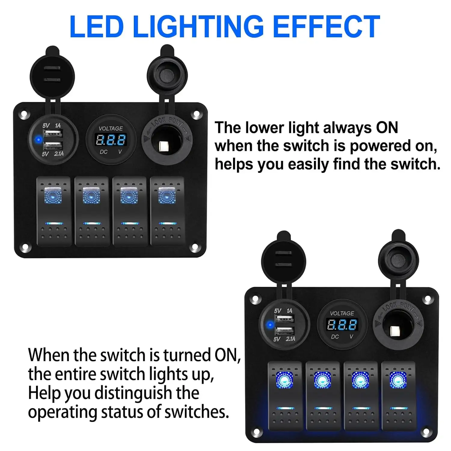 4 Gang Waterproof LED Voltmeter Marine Boat Rocker Switch Aluminum Panel 12V Digital Display Blue Lamp Color On-Off Function