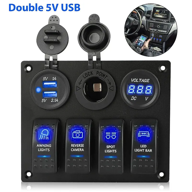 Waterproof 4 Gang Toggle Switch Panel with USB Charger & Blue LED for 12V/24V Car, Marine, Boat