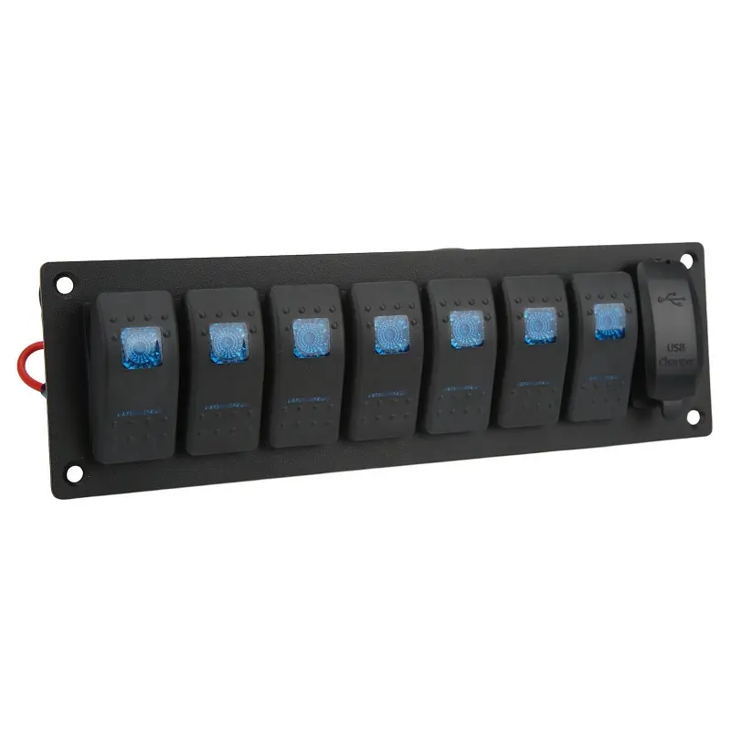 IP66 Waterproof 7 Gang Rocker Switch Panel with Dual USB Charger & Blue Backlit for Boats & Marine