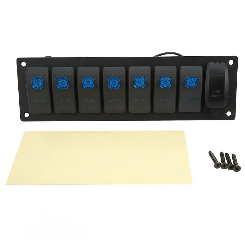 IP66 Waterproof 7 Gang Rocker Switch Panel with Dual USB Charger & Blue Backlit for Boats & Marine