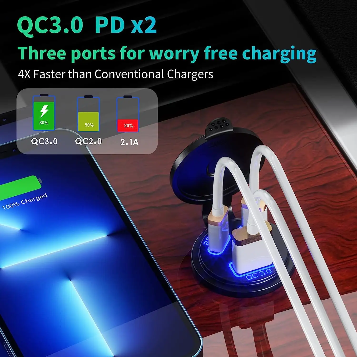 High-Power 12V USB-C Car Charger with Dual PD 45W & QC3.0 Ports, Universal Fit for Vehicles, RVs, Boats