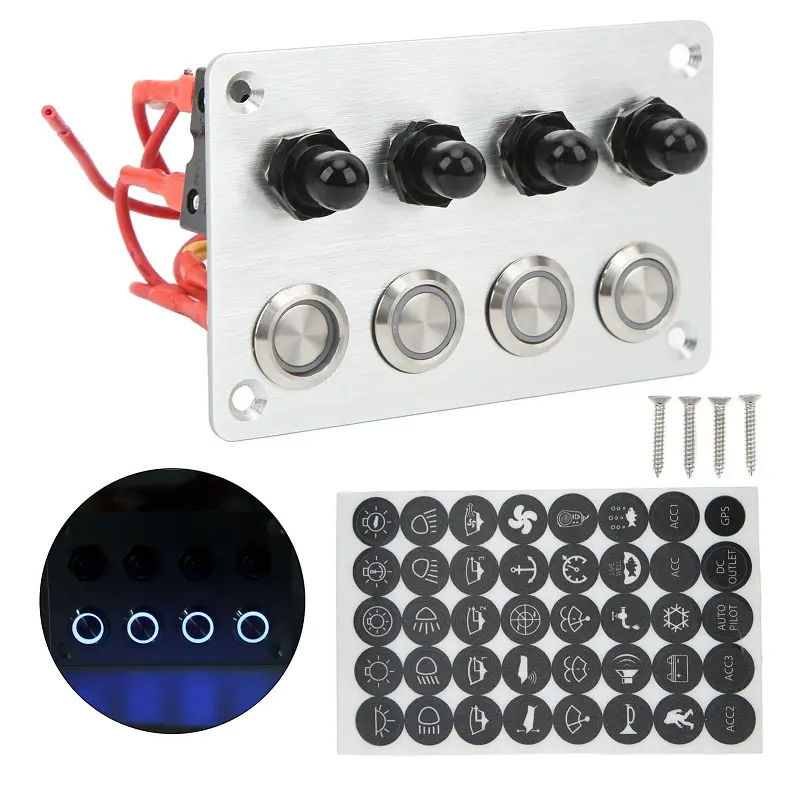 12V Blue LED Self-Locking Stainless Push Button 4-6 Gang Switch Panel for Vehicles