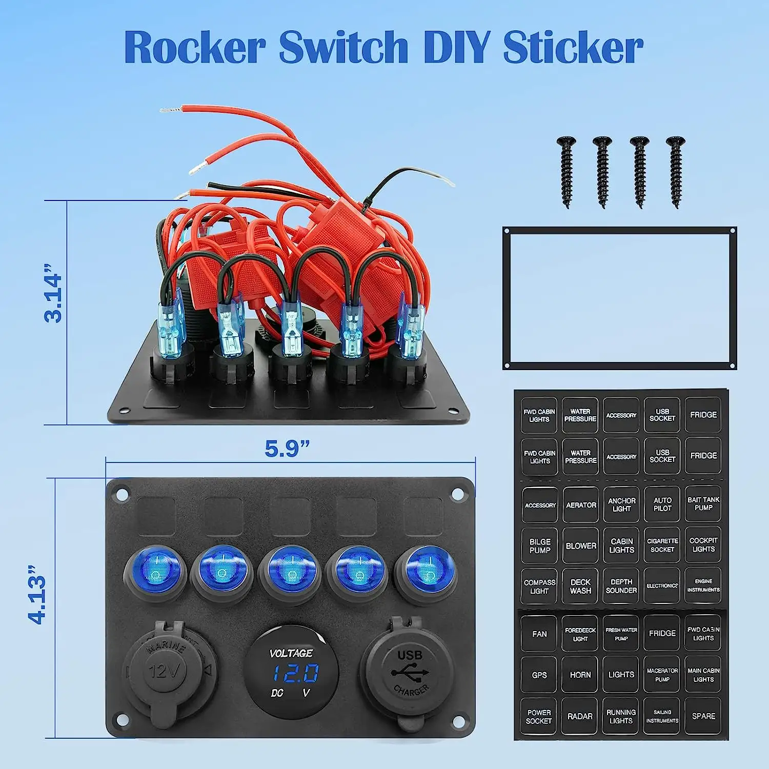 5-Gang Aluminum Rocker Panel with Blue Volt Display & Type C USB Socket