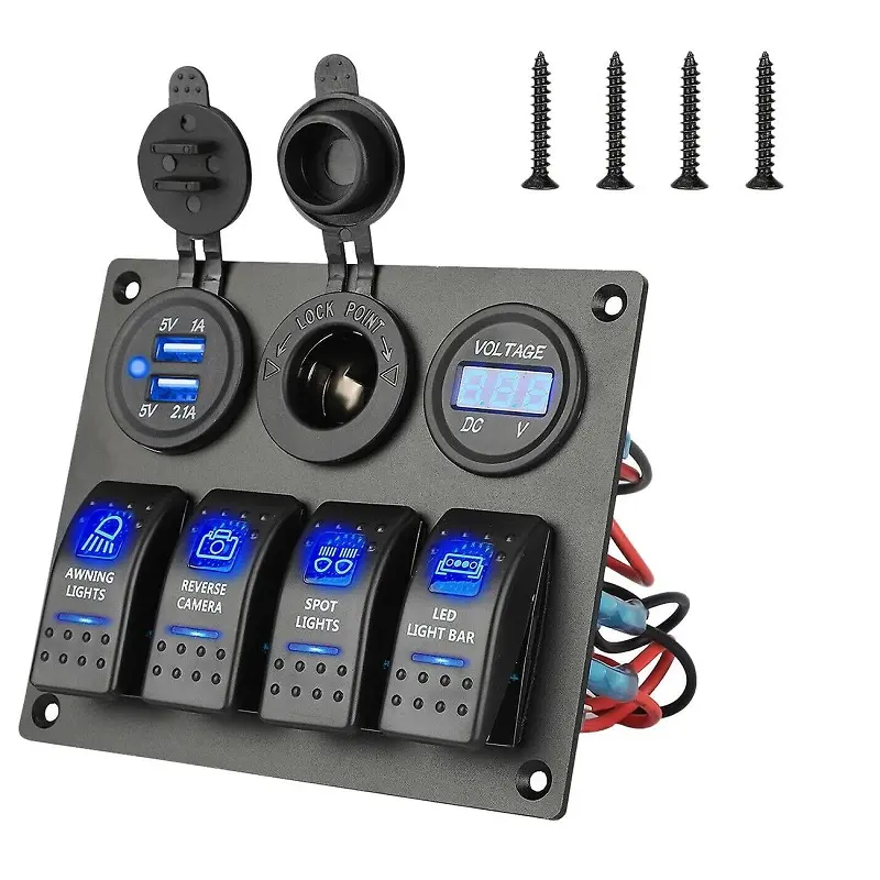 Waterproof 4 Gang Toggle Switch Panel with USB Charger & Blue LED for 12V/24V Car, Marine, Boat