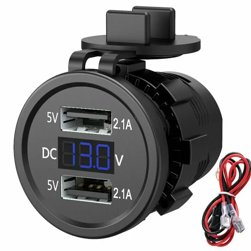 12V-24V Dual USB Car Charger, 4.2A, 2-Port Socket with Digital Voltmeter for Vehicles