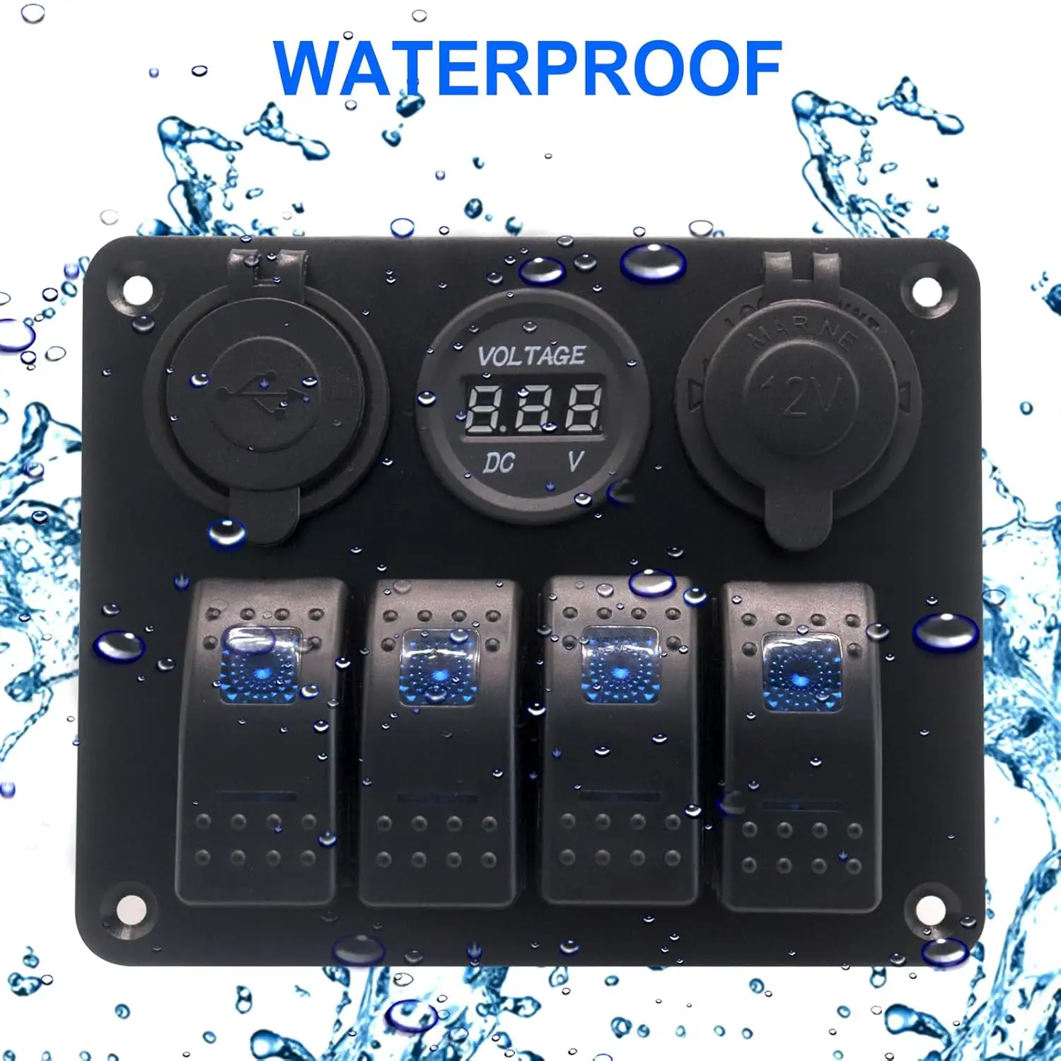 4 Gang Waterproof LED Voltmeter Marine Boat Rocker Switch Aluminum Panel 12V Digital Display Blue Lamp Color On-Off Function