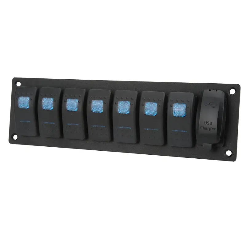 IP66 Waterproof 7 Gang Rocker Switch Panel with Dual USB Charger & Blue Backlit for Boats & Marine