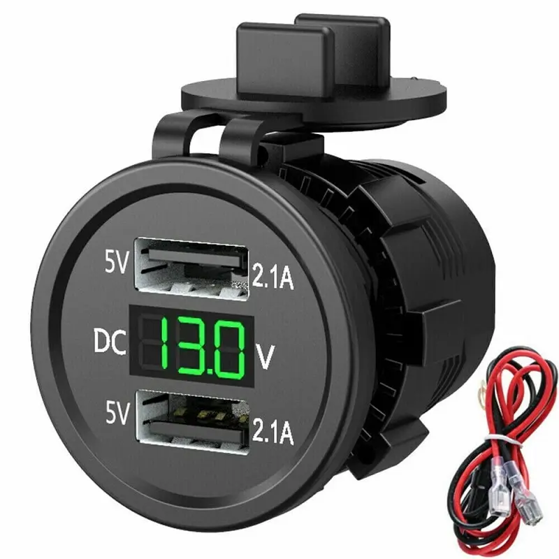 12V-24V Dual USB Car Charger, 4.2A, 2-Port Socket with Digital Voltmeter for Vehicles