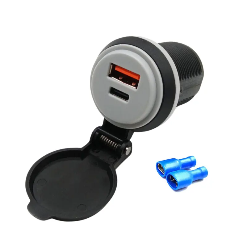 12V/24V Dual USB-A/C Car Charger, Round Outlet for Boat, Bus, Trailer