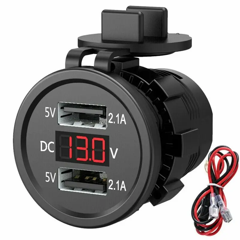 12V-24V Dual USB Car Charger, 4.2A, 2-Port Socket with Digital Voltmeter for Vehicles